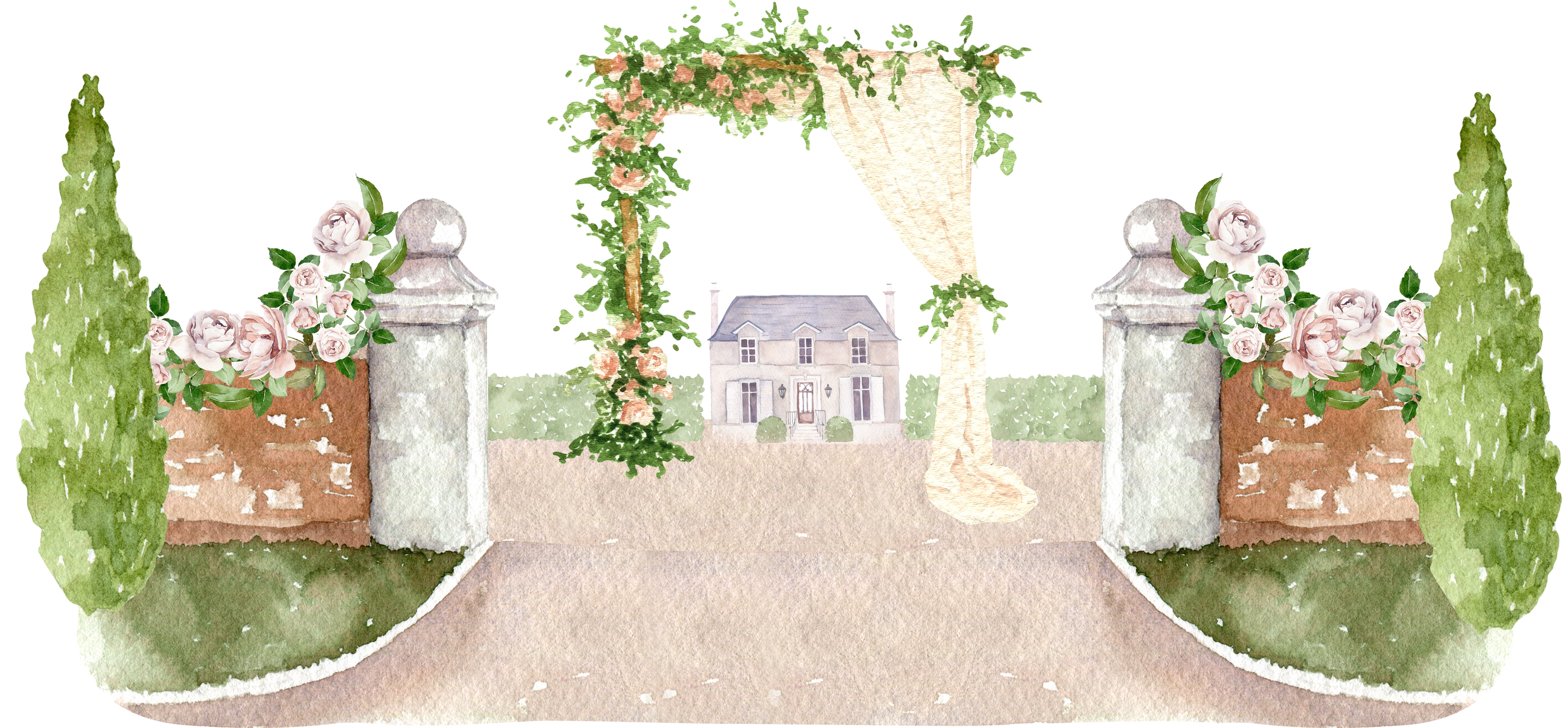 Watercolor wedding arch landscape, wedding venue village design, manor house, rustic wedding, invitation background, vintage architecture, arches, garden, greenery, flowers